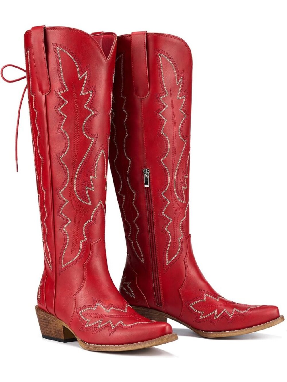Women's Red Embroidery Wide Calf Lace Up Knee High Cowgirl Western Boots
